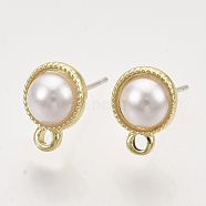 Alloy Stud Earring Findings, with Loop, ABS Plastic Imitation Pearl and Raw(Unplated) Pin, Half Round, Golden, 10x8mm, Hole: 1.4mm, Pin: 0.7mm(PALLOY-N0149-15)