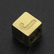 201 Stainless Steel European Beads, Large Hole Beads, Horizontal Hole, Cube, Golden, Letter.J, 7x7x7mm, Hole: 5mm(STAS-N090-LA063-J)