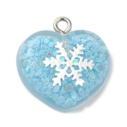 Acrylic Pendant, with Iron Findings, Glitter, Valentine Heart with Snowflake, Pale Turquoise, 20.5x20x6.5mm, Hole: 2mm(OACR-H030-01D)