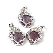 Natural Amethyst Pendants, Oval Charms, with Platinum Tone Brass Rose Findings, Cadmium Free & Nickel Free & Lead Free, 25~26x19~19.5x9~9.5mm, Hole: 7.5x5.5mm(G-P484-03P-05)