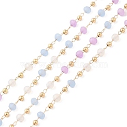 Faceted Rondelle Glass & Round 304 Stainless Steel Beaded Chains, with Light Gold 316 Surgical Stainless Steel Findings, Soldered, Light Sky Blue, 3x2.5mm, 4x2.5x0.5mm(CHS-G026-01KCG-03)