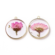 Transparent Clear Epoxy Resin Pendants, with Edge Golden Plated Brass Loops and Gold Foil, Flat Round Charms with Inner Flower, Hot Pink, 33.8x30x4mm, Hole: 2.5mm(RESI-L036-12G-11)