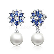 Platinum Plated Brass Flower Cubic Zirconia Stud Earrings, with Round Shell Pearl, Dark Blue, 13x13mm, Pin: 0.8mm(EJEW-FF0002-08A)