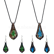 2 Sets 2 Colors Teardrop with Flower Glass Dangle Earrings & Pendant Necklace, Iron Jewelry Set for Women, Mixed Color, 20.55 inch(52.2cm), 57.5x17mm, 1 Set/color(SJEW-FI0001-14)