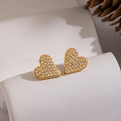 304 Stainless Steel Full Crystal Rhinestone Heart Stud Earrings for Women, Real 18K Gold Plated, 12.4x13.2mm(IV5309-2)