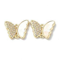 Brass Micro Pave Clear Cubic Zirconia Connectors Charms, with Shell, Butterfly Links, Real 18K Gold Plated, 11.5x14x2mm, Hole: 1mm(KK-B072-22G)