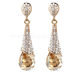 Real 18K Gold Plated Brass Rhinestone Teardrop Stud Earrings, Light Peach, 46x10mm(EJEW-EE0001-232F)