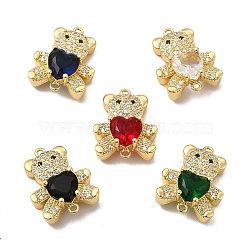 Rack Plating Brass Micro Pave Clear Cubic Zirconia Connector Charms, Bear Links with Glass, Long-Lasting Plated, Cadmium Free & Lead Free, Real 18K Gold Plated, Mixed Color, 20x16x7mm, Hole: 1.2mm(KK-C013-01G)