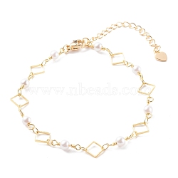 Brass Rhombus Link Chain Bracelets, with Round Glass Beads and Lobster Claw Clasps, White, Real 18K Gold Plated, 7-1/2 inch(19cm)(X-BJEW-JB06165)