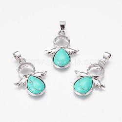 Dyed Synthetic Turquoise Pendants, Angel, with Brass Finding, Platinum, 34x25.5x4.5~6.5mm, Hole: 4~5x7mm(G-G651-A01)