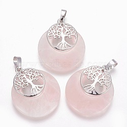 Natural Rose Quartz Pendants, with Platinum Tone Brass Findings, Flat Round with Tree of Life, 32.5~33x27.5~28x5~6mm, Hole: 5x7mm(G-F573-C12)