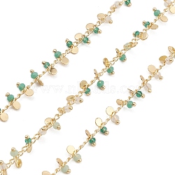 Brass Link Chains, with Medium Aquamarine Beads & Flat Round Charms, Unwelded, with Spool, Real 18K Gold Plated, 3x2x0.2mm(CHC-M025-68G)