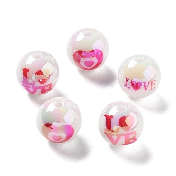 UV Plating Iridescent Acrylic Beads, AB Color, Round with Heart or Love, White, 16x15.5mm, Hole: 2.5mm