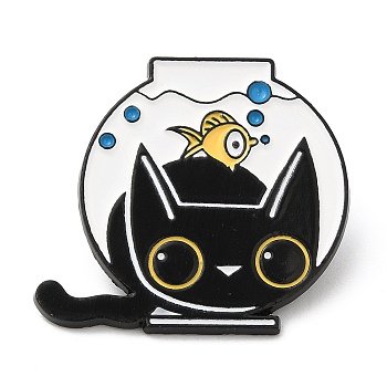 Alloy Enamel Pins, Cat with Fish Bowl Brooches, Electrophoresis Black, 27.5x30x1.5mm