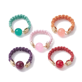 Glass Round Ball Braided Bead Style Finger Ring, with Waxed Cotton Cords, Mixed Color, Inner Diameter: 18mm