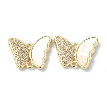 Brass Micro Pave Clear Cubic Zirconia Connectors Charms, with Shell, Butterfly Links, Real 18K Gold Plated, 11.5x14x2mm, Hole: 1mm