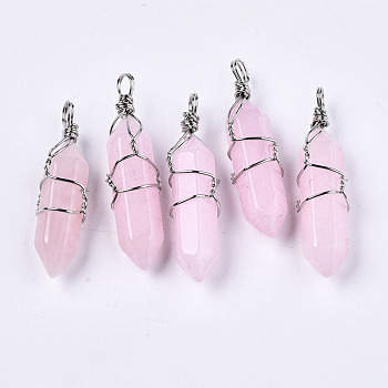 Natural White Jade Pendants, with Platinum Iron Findings, Wire Wrapped Pendants, Dyed, Bullet, Pink, 41~43x11~12x10~11mm, Hole: 3~4mm