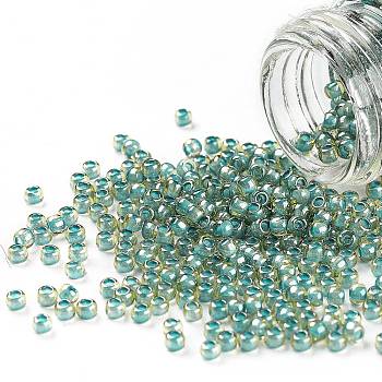 TOHO Round Seed Beads, Japanese Seed Beads, (953) Inside Color Jonquil/Turquoise Lined, 11/0, 2.2mm, Hole: 0.8mm, about 1110pcs/10g