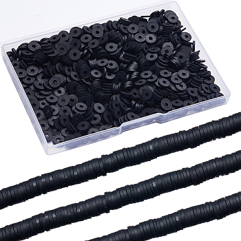 Flat Round Handmade Polymer Clay Beads, Disc Heishi Beads for Hawaiian Earring Bracelet Necklace Jewelry Making, Black, 8x0.5~1mm, Hole: 2mm, about 380~400pcs/strand, 17.7 inch, 3 strands/box