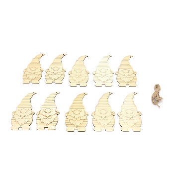 Christmas Santa Claus Wooden Ornaments Set, Unfinished Wood Pieces, with Jute Twines, for DIY Crafts Christmas Tree Hanging Decorations, BurlyWood, 130x70x12mm, Hole: 3mm, 10pcs/bag