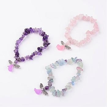 Natural Mixed Stone Stretch Bracelets, with Alloy Beads, Lovely Wedding Dress Angel Dangle, Antique Silver, 2 inch(50mm)