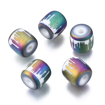 Electroplate Glass Beads, Frosted, Column with Other Pattern, Colorful, 11.5x11.5mm, Hole: 2.5mm, about 100pcs/bag