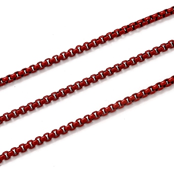 Spray Painted Brass Box Chains, Venetian Chains, with Spool, Unwelded, Dark Red, 2x2.5x2.5mm