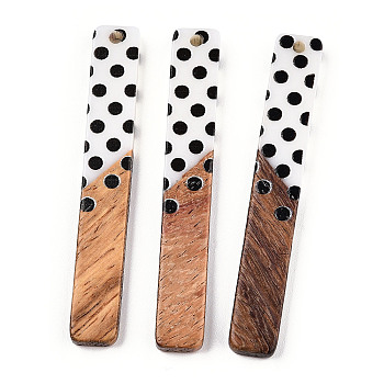 Printed Opaque Resin & Walnut Wood Big Pendants, Rectangle Charm with Polka Dot Pattern, White, 51.5x7.5x3.5mm, Hole: 1.8mm