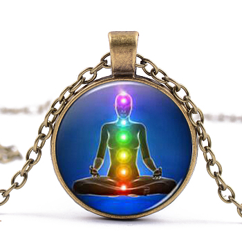 Chakra Theme Yoga Human Glass Pendant Necklace, Alloy Jewelry for Women, Antique Bronze, 15.75 inch~19.69 inch(40~50cm)