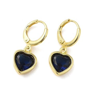 Real 18K Gold Plated Brass Dangle Leverback Earrings, with Heart Glass, Dark Blue, 25.5x10mm