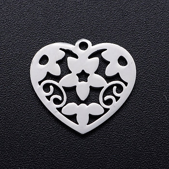 201 Stainless Steel Pendants, Heart with Flower, Stainless Steel Color, 15x16x1mm, Hole: 1.2mm