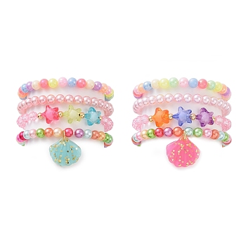 4Pcs 4 Style Acrylic Star Beaded Stretch Bracelets Set with Shell Shape Charms for Kids, Mixed Color, Inner Diameter: 1-7/8 inch(4.8cm), 1Pc/style