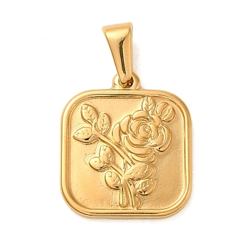 Valentine's Day 304 Stainless Steel Pendants, Square with Rose, Golden, 20.5x17.5x2mm, Hole: 3x6.5mm