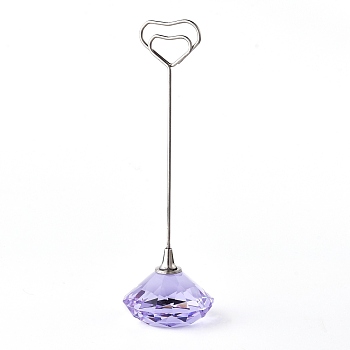 Diamond Shape Glass Name Card Holder, Wedding Table Number Card Holders, with Iron Findings, Heart, Lilac, 130mm