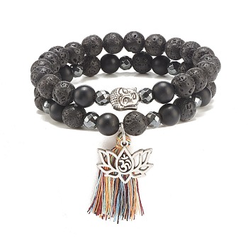 2Pcs 2 Style Natural Lava Rock & Synthetic Hematite Stretch Bracelets with Alloy Lotus & Buddha Head, Gemstone Bracelets with Big Tassel Charm for Women, Inner Diameter: 2-1/8 inch(5.3cm), 1Pc/style