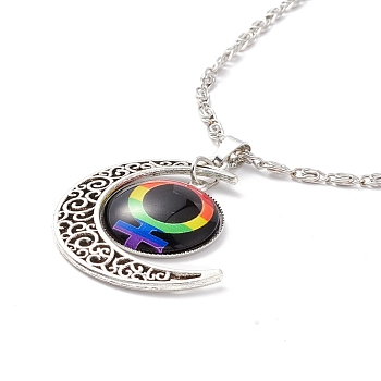 Rainbow Pride Necklace, Flat Round with Pattern & Moon Pendant Necklace for Men Women, Antique Silver & Platinum, Female Gender Symbol, 18.31 inch(46.5cm)