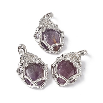 Natural Amethyst Pendants, Oval Charms, with Platinum Tone Brass Rose Findings, Cadmium Free & Nickel Free & Lead Free, 25~26x19~19.5x9~9.5mm, Hole: 7.5x5.5mm
