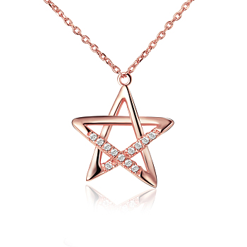 TINYSAND 925 Sterling Silver Star Rhinestone Pendant Necklaces, with Cable Chain, Rose Gold, 18.14 inch
