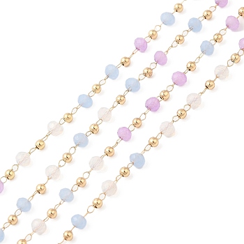 Faceted Rondelle Glass & Round 304 Stainless Steel Beaded Chains, with Light Gold 316 Surgical Stainless Steel Findings, Soldered, Light Sky Blue, 3x2.5mm, 4x2.5x0.5mm