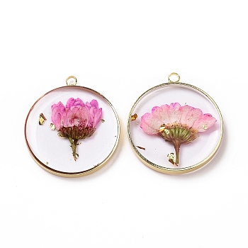 Transparent Clear Epoxy Resin Pendants, with Edge Golden Plated Brass Loops and Gold Foil, Flat Round Charms with Inner Flower, Hot Pink, 33.8x30x4mm, Hole: 2.5mm