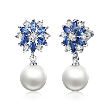 Platinum Plated Brass Flower Cubic Zirconia Stud Earrings, with Round Shell Pearl, Dark Blue, 13x13mm, Pin: 0.8mm
