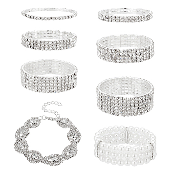 8Pcs 8 Style Crystal Rhinestone Tennis Bracelets Set, Imitation Pearl Triple Line Stretch Bracelets Set, Alloy Jewelry, Platinum, Inner Diameter: 1-7/8~2-1/8 inch(4.8~5.3cm), 1Pc/style