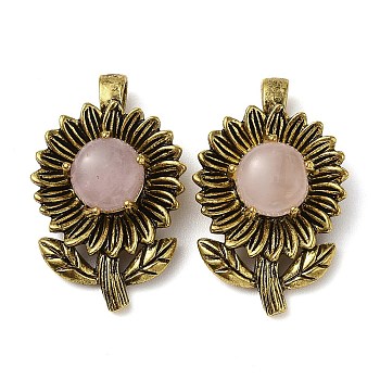 Natural Rose Quartz Pendants, with Rack Plating Antique Golden Tone Brass Findings, Cadmium Free & Lead Free, Flower Charms, 34x22x15mm, Hole: 8x4.5mm