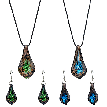 2 Sets 2 Colors Teardrop with Flower Glass Dangle Earrings & Pendant Necklace, Iron Jewelry Set for Women, Mixed Color, 20.55 inch(52.2cm), 57.5x17mm, 1 Set/color
