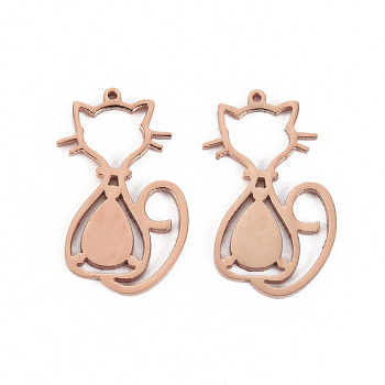 304 Stainless Steel Pendants, Laser Cut, Cat, Rose Gold, 20x12x1mm, Hole: 0.9mm