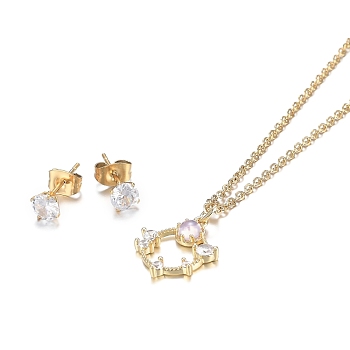 304 Stainless Steel Rhinestone Jewelry Sets, Ring Pendant Necklaces and Stud Earrings, Cable Chains, Lobster Claw Clasps and Ear Nuts, Crystal, Golden, 18.11 inch(46cm), 15x5.5mm, Pin: 0.7mm