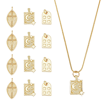 SUPERFINDINGS 12Pcs 3 Style Eco-Friendly Brass Pendants, Long-Lasting Plated, Oval with Cross & Half Oval & Rectangle with Moon and Star, Real 18K Gold Plated, 13.5~21x9.5~11.5x2~3.5mm, Hole: 1.5~3.5mm, 4pcs/style 