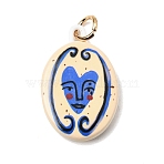 Printing 304 Stainless Steel Pendants, Oval with Abstract Face Charm, Gold, Royal Blue, 26x16.7x4mm, Jump Ring: 6x1mm, Inner Diameter: 4mm(STAS-K304-17)