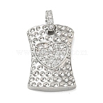 Brass Micro Pave Cubic Zirconia Pendants, Hammered Rectangle with Heart Charms, Cadmium Free & Lead Free, Rack Plating, Long-Lasting Plated, Platinum, Clear, 17.5x12.5x3.8mm, Hole: 2.5x3mm(CU-CBA4231-05A-P)