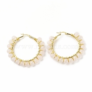 Natural Rose Quartz Beaded Hoop Earrings for Women, Real 18K Gold Plated Wire Wrap Big Circle Hoop Earrings, 47~49x51~52x6~6.6mm, Pin: 1.4x0.4mm(EJEW-C003-03L-RS)